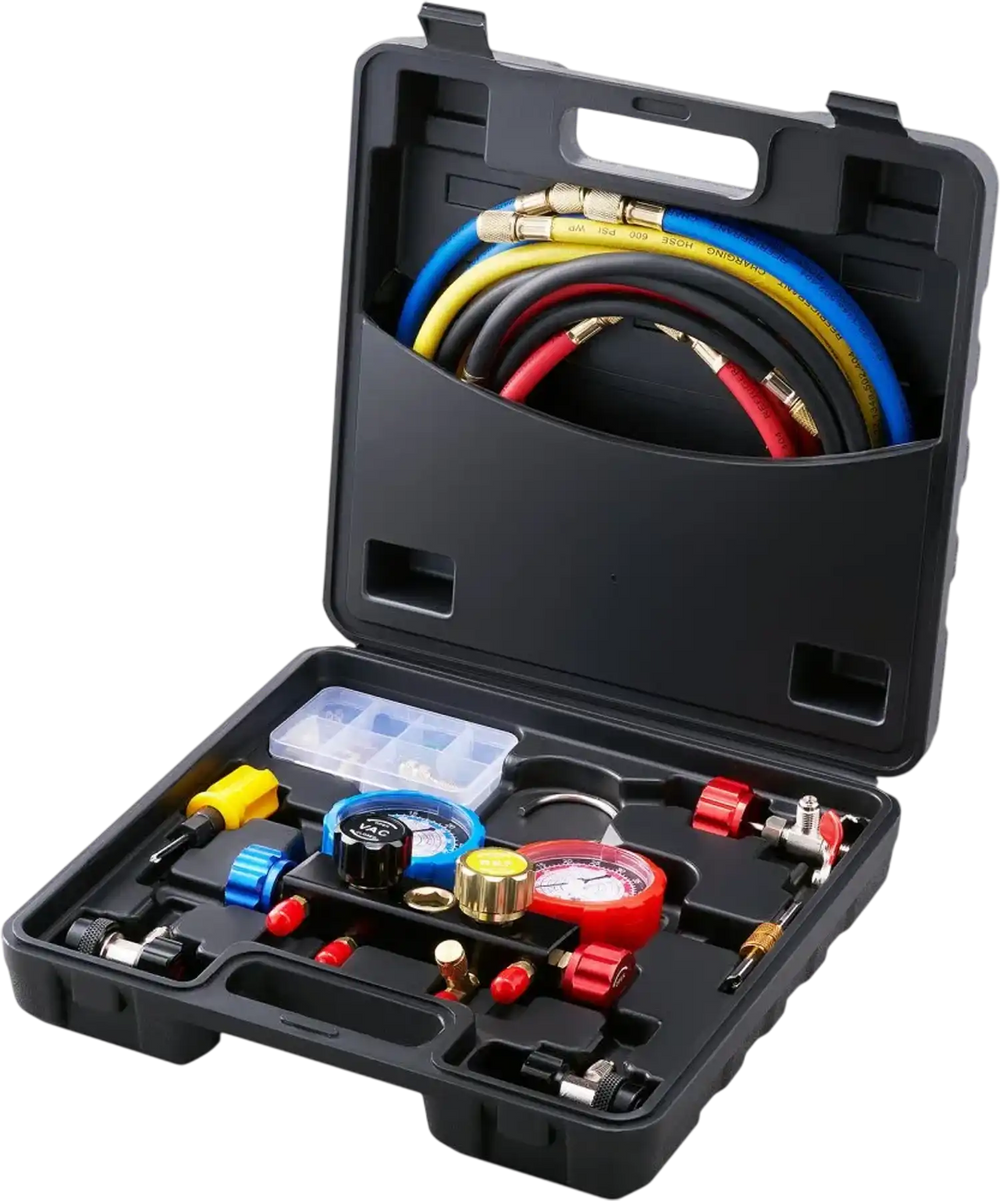 VEVOR 4 Way AC Gauge - AC Manifold Gauge Set for R134A R22 R12 R410A Refrigerant, Freon Gauges with 5ft Hoses, Couplers, Can Tap Works on Car Auto Freon Charging and Evacuation