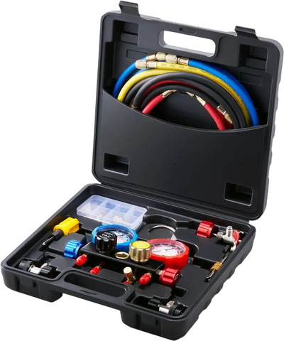 VEVOR 4 Way AC Gauge - AC Manifold Gauge Set for R134A R22 R12 R410A Refrigerant, Freon Gauges with 5ft Hoses, Couplers, Can Tap Works on Car Auto Freon Charging and Evacuation