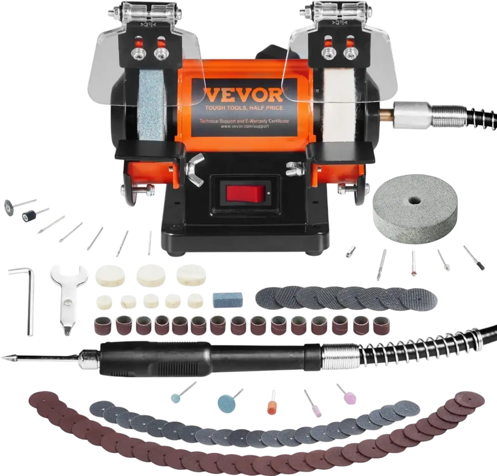 VEVOR Jewelry Polisher, Bench Grinder Polishing & Buffing Machine, 3590RPM Bench Lathe Polisher with 1 Wool Wheel & 1 Abrasive Fiber Wheel & 1 Grinding Wheel & 100pcs Tools