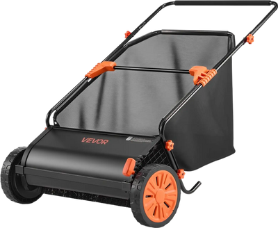 VEVOR Push Lawn Sweeper, 26 in Leaf & Grass Collector with 7 cu. ft. Hopper Bag, Adjustable Brush Height & Spinning Brushes, Heavy Duty Yard Sweeper with Rubber Wheels for Leaves Grass Cleanup