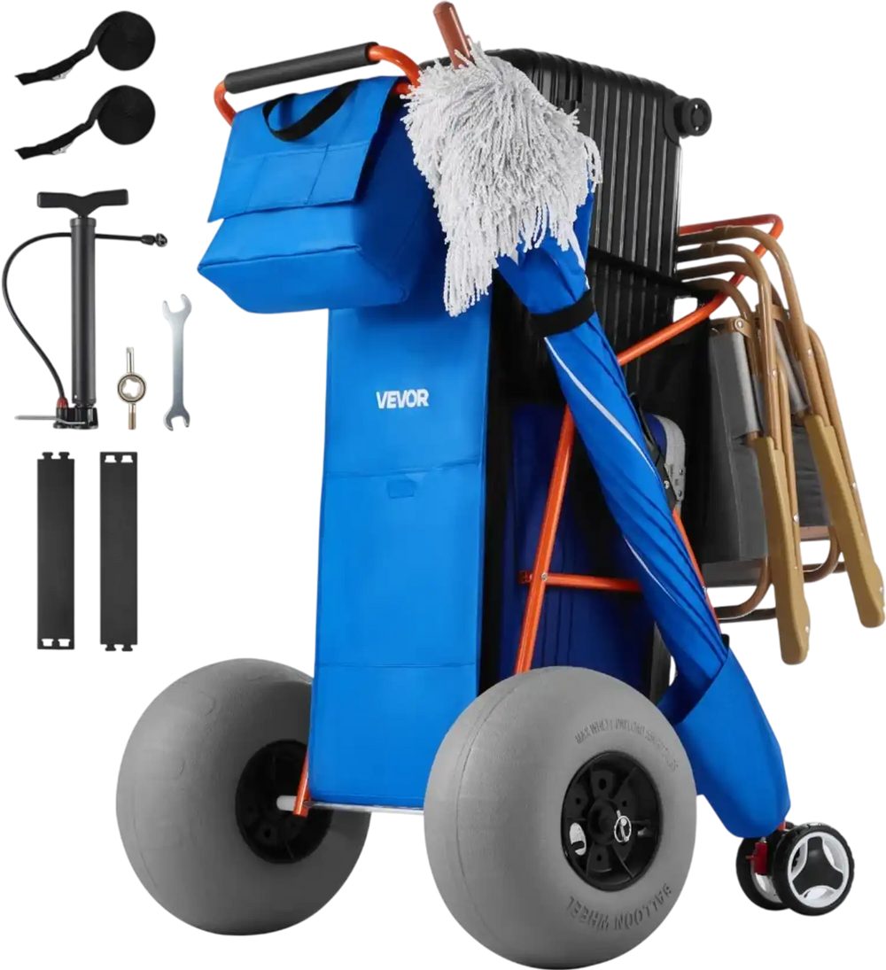 VEVOR Beach Cart with Large Wheels for Sand, 165 lbs Load Capacity, Heavy Duty Folding Beach Wagon with 12" Balloon Wheels, Insulated Cooler Bag, Umbrella Holder, Holds 4 Chairs for Camping & Fishing