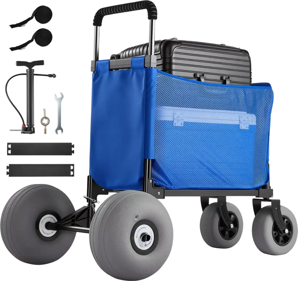 VEVOR Beach Cart with Large Wheels for Sand, 165 lbs Load Capacity, Heavy Duty Folding Beach Wagon with 12" Balloon Wheels, Storage Bag, 33" to 45" Adjustable Height, Dolly for Camping Fishing Garden