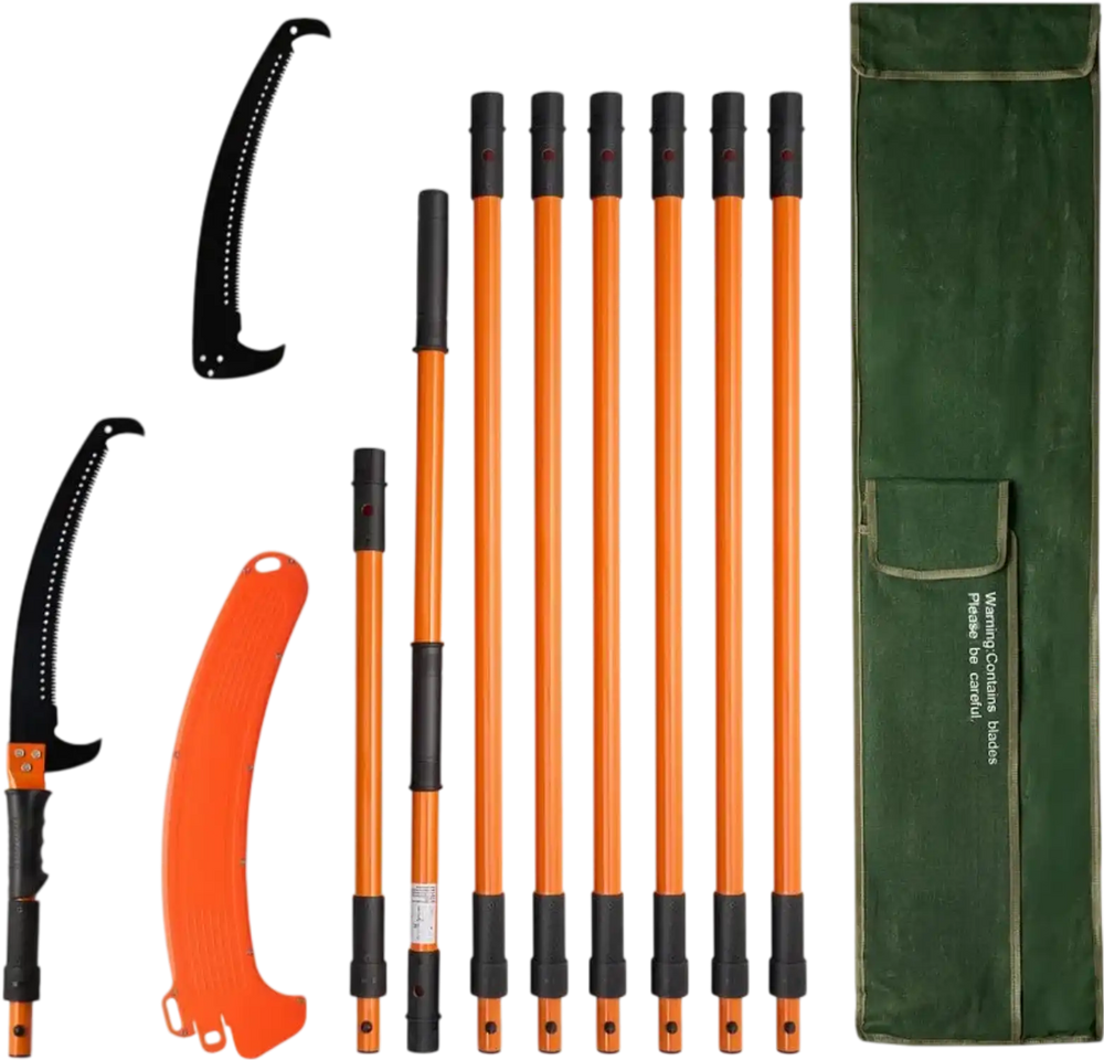 VEVOR Manual Pole Saw, 4.46-26.4 ft Extendable Tree Pruner, Sharp 65Mn Steel Blade, Lightweight Fiberglass Handle Pole, Two Double-Hook Saws for High Branch Trimming, Pruning Tool for Palms, Shrubs