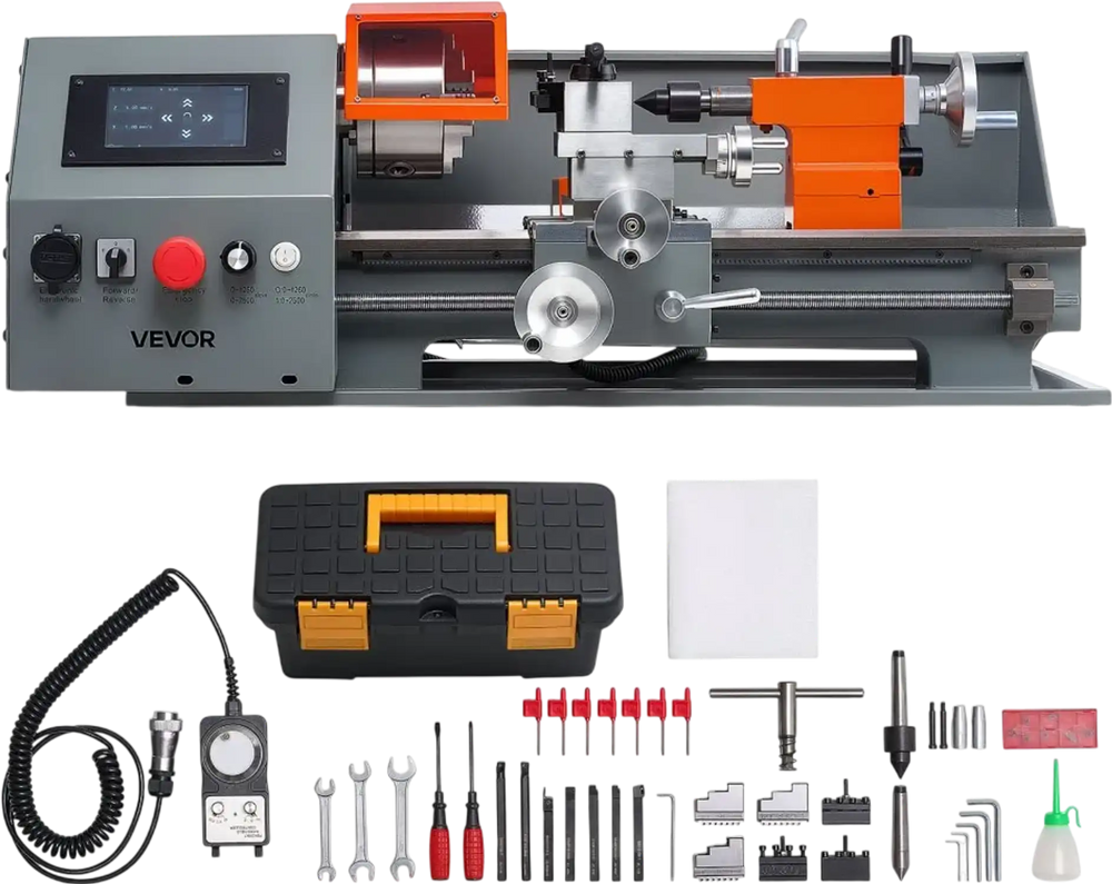 VEVOR Metal Lathe 8"x16" 1100W Benchtop CNC Metal Lathe Touchscreen Control, for Fully Automatic Metalworking Turning, Quick-Change Tool Post, Electronic Leadscrew Drive, Variable Speed 2500 RPM Max