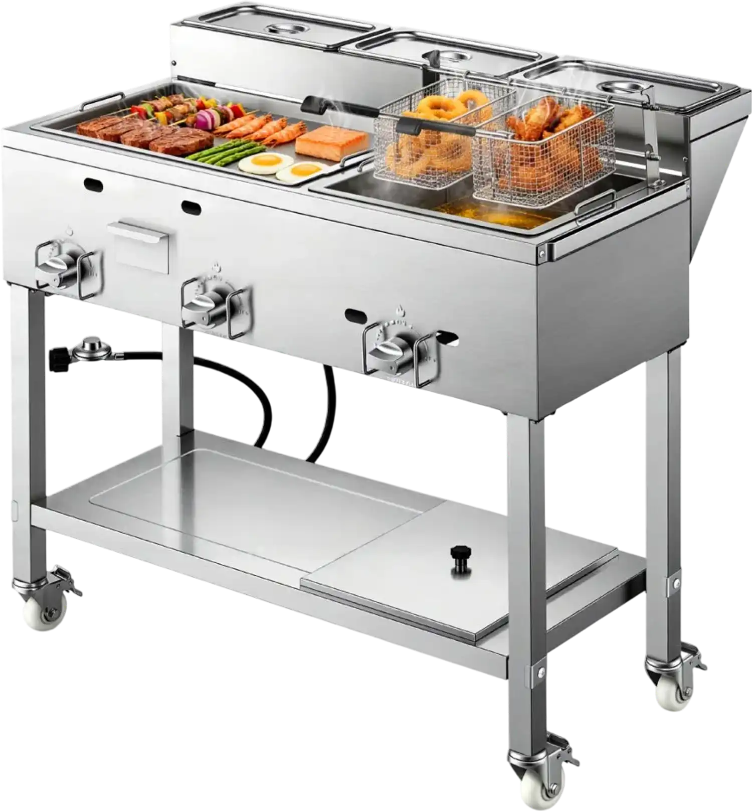 Vevor Frying Cart Outdoor Propane Fryer & Griddle Combo with 3 Burners, Wheels, 2 Fryer Baskets & 3 Food Pans New