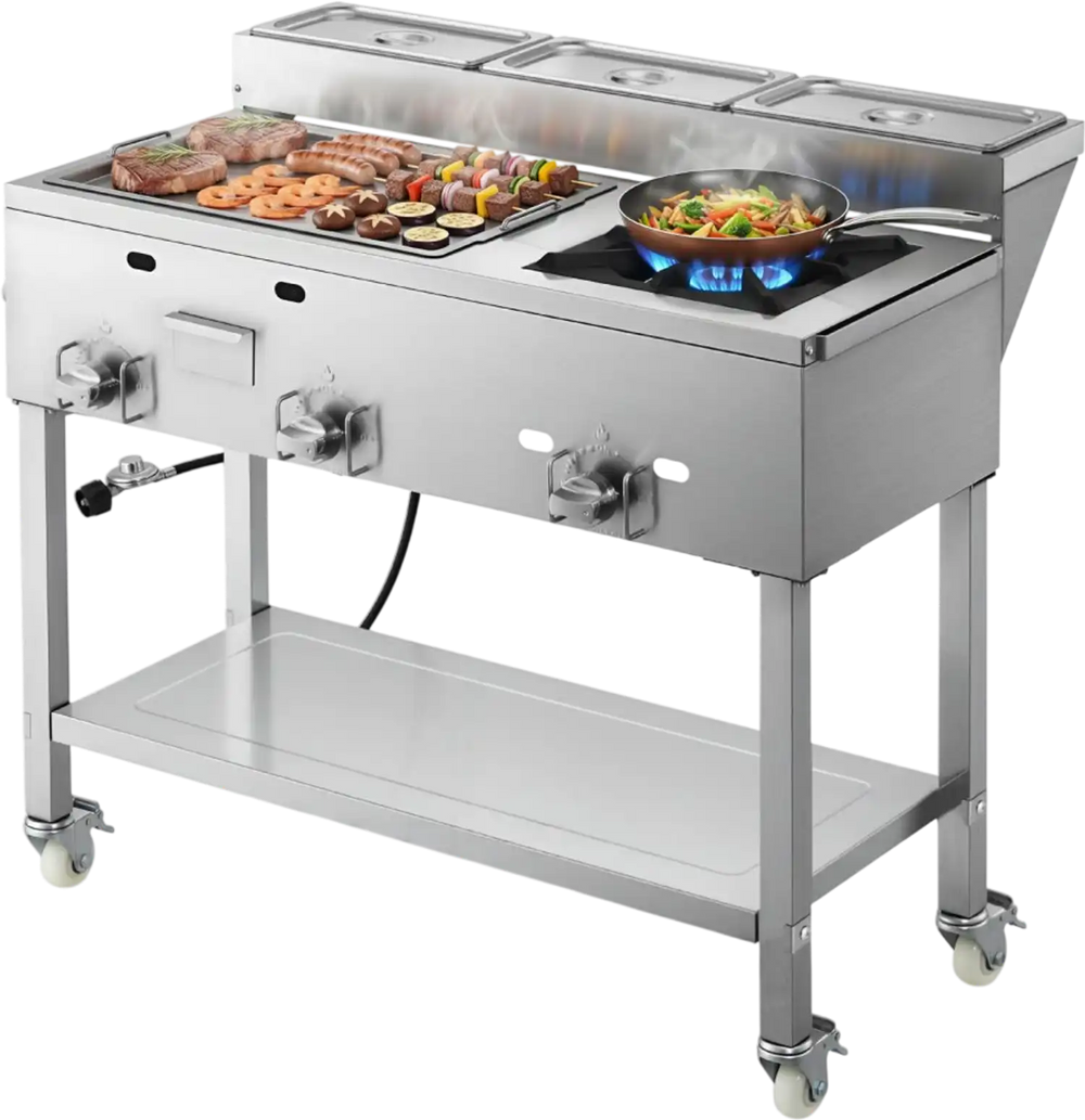 VEVOR Outdoor Propane Griddle, 3 Burners (11,600 BTU Each), Commercial Stainless Steel Griddle with Three 1/3 Size Food Pans, Portable Cart with Wheels & Gas Stove, for Hot Dogs, Burgers & Meats