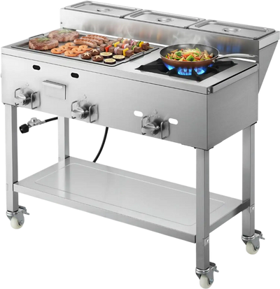 Vevor Griddle Outdoor Propane 3-Burner Stainless Steel Cooking Cart with Food Pans and Gas Stove New