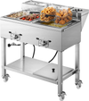 VEVOR Outdoor Propane Deep Fryer, 2 Burners (11,600 BTU Each), Commercial Fryer with Two 1/3 Size Food Warming Pans, Multi-Purpose Frying Cart with 4 Lockable Wheels, for Fried Chicken & Fries