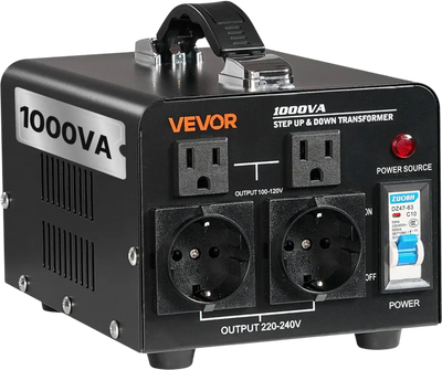 VEVOR Voltage Converter Transformer, 1000VA, Heavy Duty Step Up/Down Power Transformer, Convert from 110V to 220V and 220V to 110V, with US Outlets, EU Outlets, Power Cord, Circuit Breaker Protection