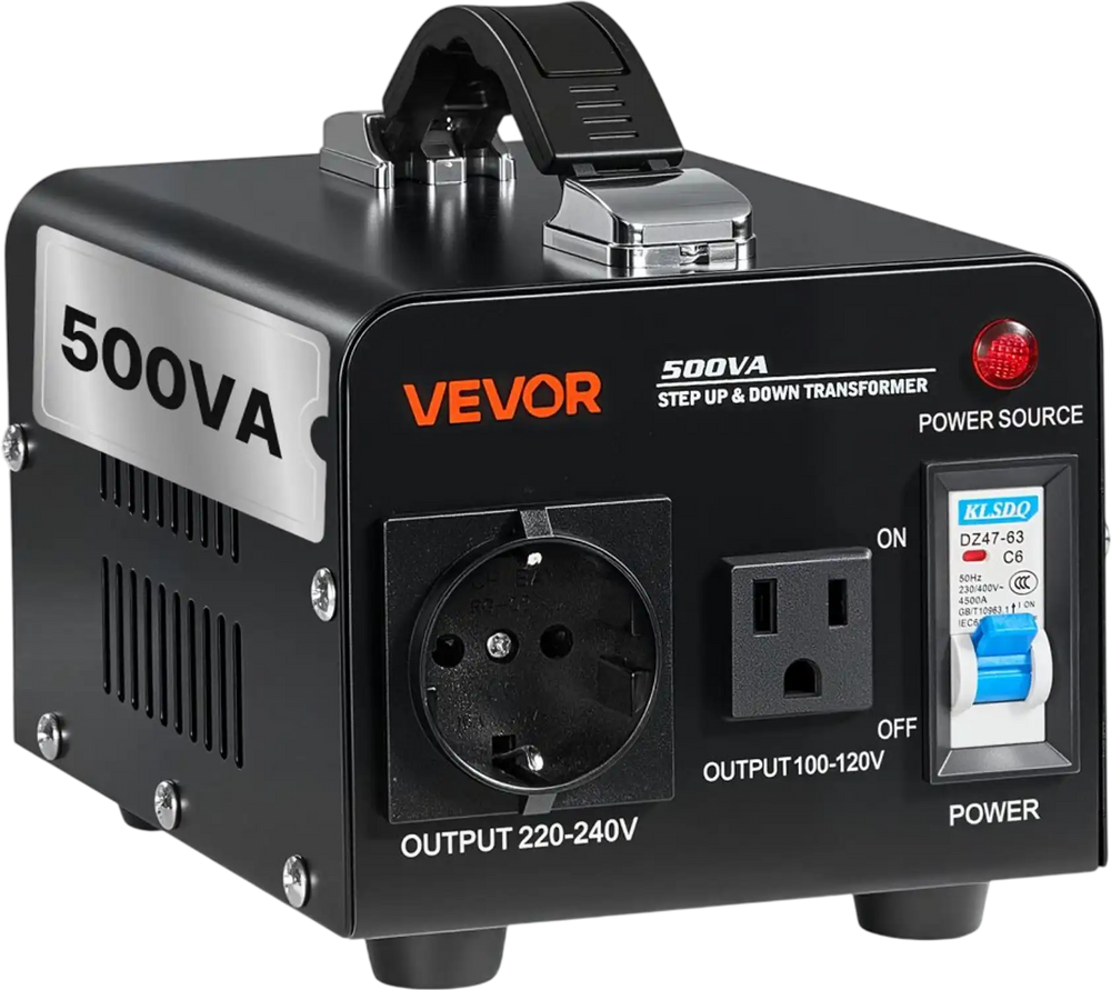 VEVOR Voltage Converter Transformer, 500VA, Heavy Duty Step Up/Down Power Transformer, Convert from 110V to 220V and 220V to 110V, with US Outlet, EU Outlet, Power Cord, Circuit Breaker Protection