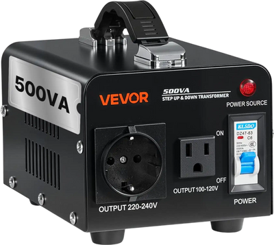 VEVOR Voltage Converter Transformer, 500VA, Heavy Duty Step Up/Down Power Transformer, Convert from 110V to 220V and 220V to 110V, with US Outlet, EU Outlet, Power Cord, Circuit Breaker Protection