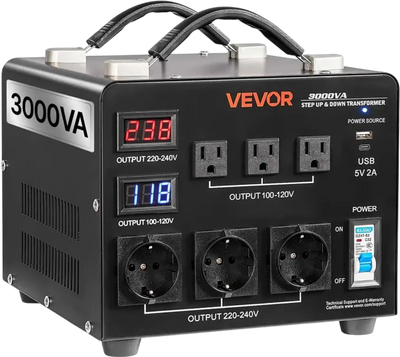 VEVOR Voltage Auto Converter Transformer, 3000VA, Heavy Duty Step Up/Down Power Transformer, 110V to 220V and 220V to 110V, with 3 US Outlets, 3 EU Outlets, LCD Display, Circuit Breaker Protection