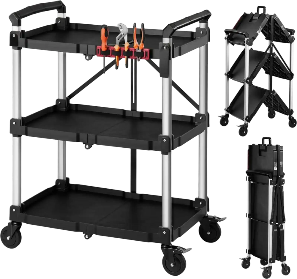 VEVOR Utility Cart, 300 lbs Capacity, 3 Tier Folding Service Cart with 360° Swivel Wheels (2 with Brakes), Heavy Duty Rolling with Trays & Side Tool Holder, Tool Storage for Garage Warehouse Workshop