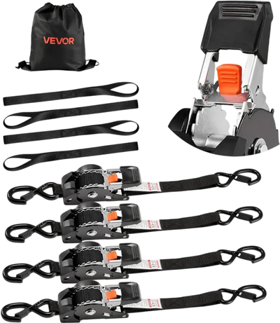 VEVOR Retractable Ratchet Straps, 1 in x 10 ft, Tie Down Straps with S Hooks, 1200 lbs Break Strength, 4 Soft Loops, Tie Down Ratcheting for Moving, Trailers, Motorcycles, Kayaks, Car Roof, 4 Pack