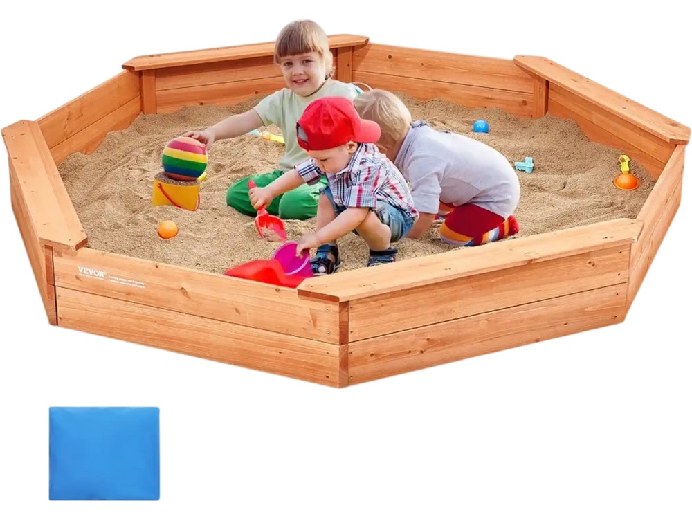 VEVOR Wooden Sandbox with Cover, 75.6 x 75.6 x 9.1 in Octagonal Sand Box, Sand Pit with 4 Seating and Bottom Liner, Kids Sandbox for Outdoor Backyard, Beach, Park, Gift for Boys Girls Ages 3-12