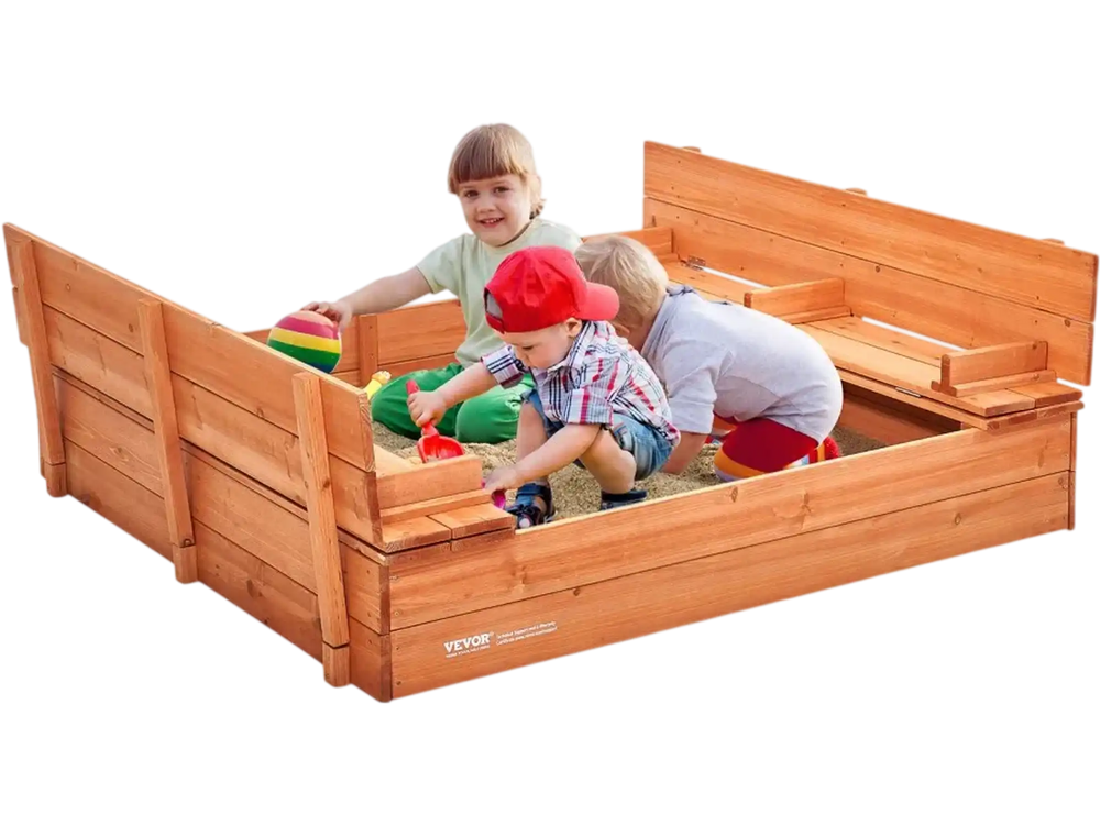 VEVOR Wooden Sandbox, 52.4 x 47.2 x 16.9 in Sand Box, Sand Pit with Foldable Bench Seats and Bottom Liner, Natural Wood Kids Sandbox for Outdoor Backyard, Beach, Park, Gift for Boys Girls Ages 3-12