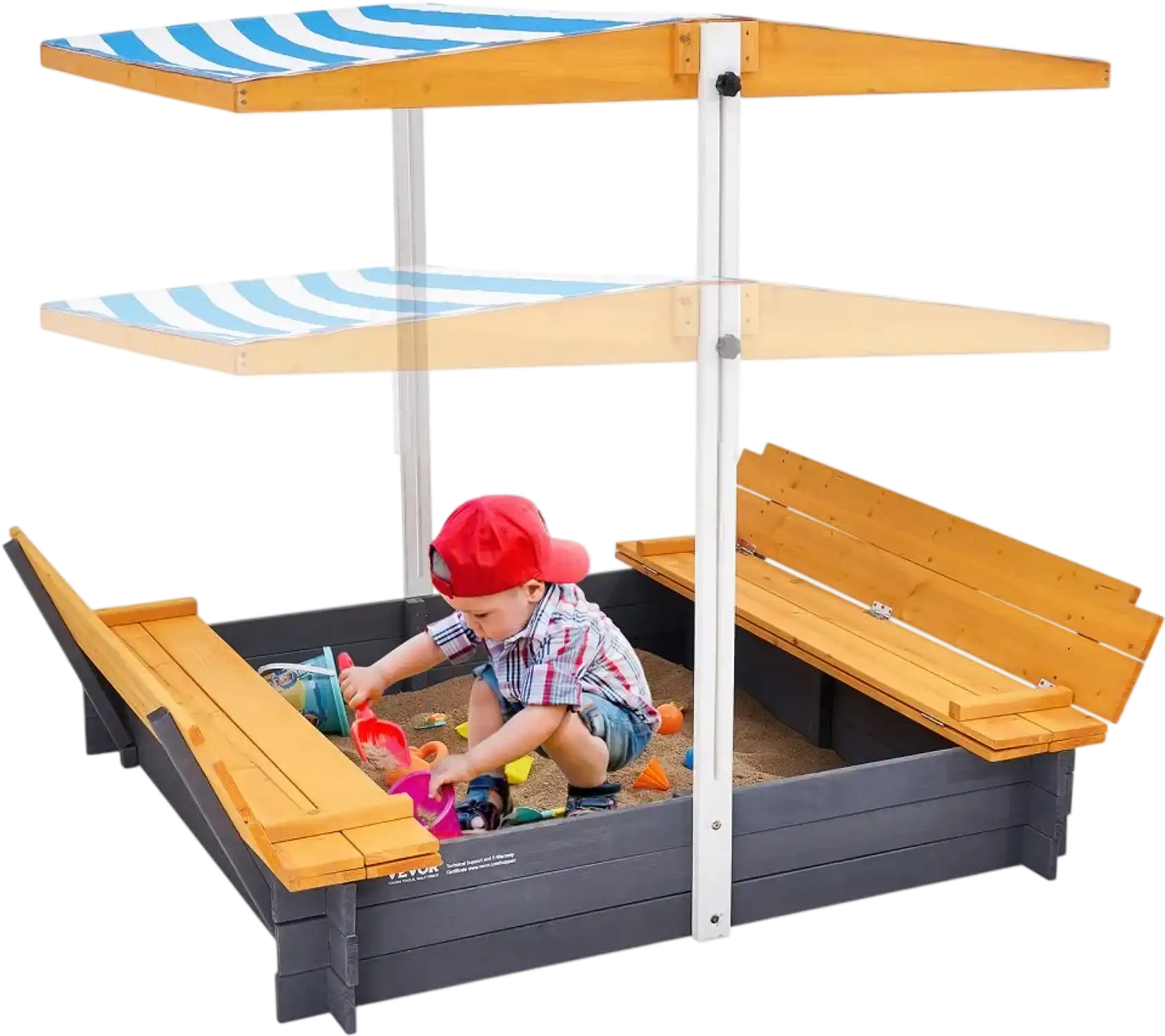 Vevor Sandbox Wooden Kids Sandbox with Canopy and Foldable Bench Seats 57.3