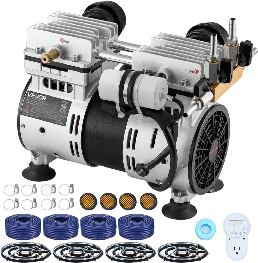 VEVOR Pond Aerators, 6.7CFM Aeration System for Lakes up to 3 Acres, 1 HP Air Compressor, 4 Diffusers & Four 100' Weighted Tubing, Outdoor Pond Aeration Pump for Deep Water Oxygen Circulation
