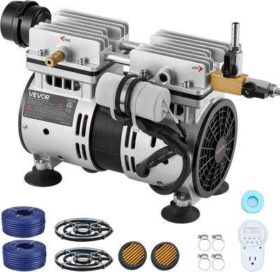 VEVOR Pond Aerators, 5.2CFM Aeration System for Lake up to 3 Acres, 3/4 HP Air Compressor, 2 Diffusesr & Two100' Weighted Tubings, Aeration Pump for Outdoor Ponds & Lakes Deep Water Oxygen Circulation