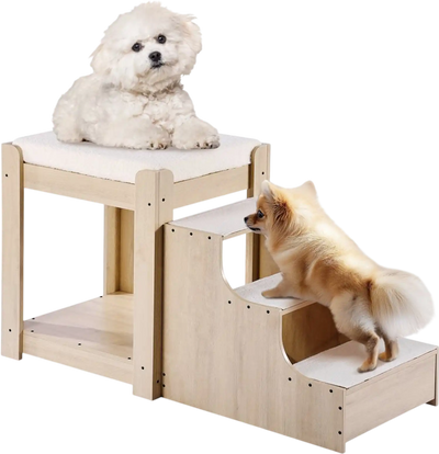 VEVOR Pet Bunk Bed with Stairs, Dog/Cat Window Perch, Multi-Level Bed Window Perch Dog Bedside Sleeper, Lounge Elevated Seat Platform with Foam Cushion,Pet Bed Couch for Bedside Indoor Use (Beige)
