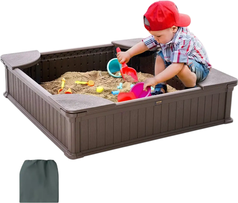 VEVOR Sandbox with Cover, 48.6x48.6x12.4 in Square Sand Box, HDPE Sand Pit with 4 Corner Seating and Bottom Liner, Kids Sandbox for Outdoor Backyard, Beach, Park, Gift for Boys Girls Ages 3-12, Brown