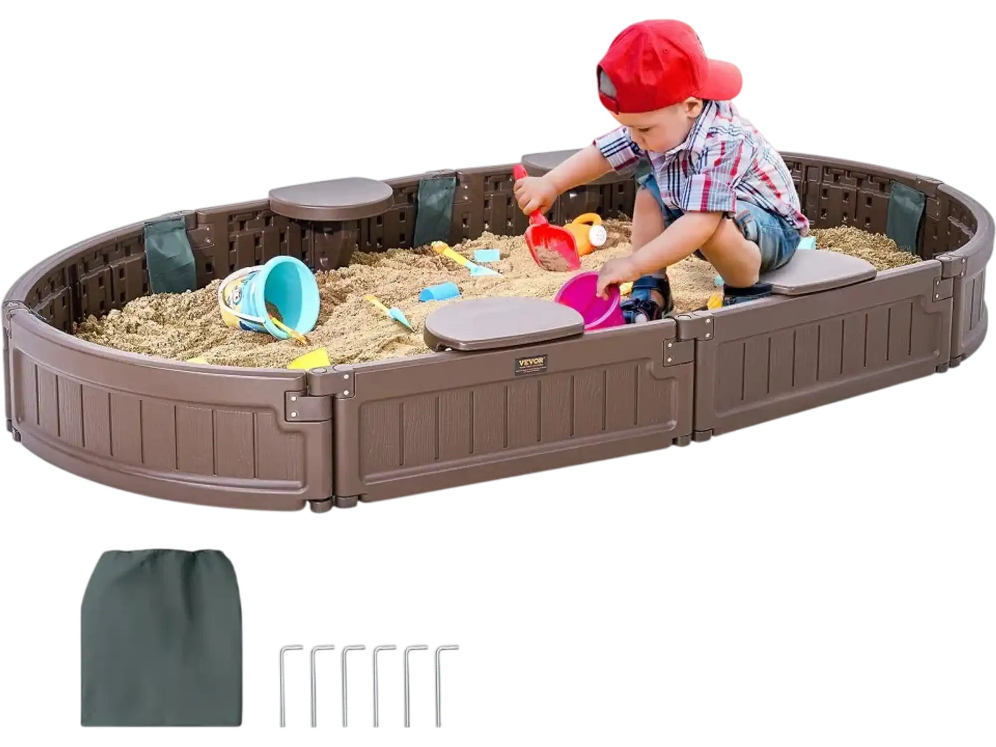 Vevor Sandbox Oval Outdoor Sand Box with Cover and 4 Corner Seats New