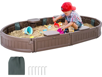 VEVOR Sandbox with Cover, 72 x 41.5 x 9.1 in Oval Sand Box, HDPE Sand Pit with 4 Corner Seating and Bottom Liner, Kids Sandbox for Outdoor Backyard, Beach, Park, Gift for Boys Girls Ages 3-12, Brown