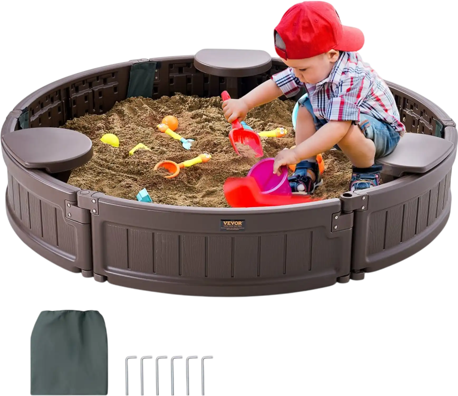 Vevor Sandbox Round Outdoor Kids Sand Box with Cover Brown New