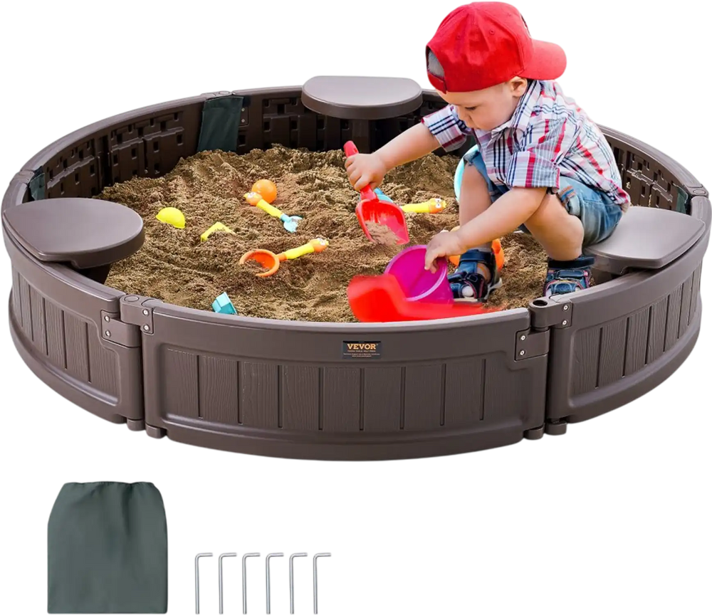 VEVOR Sandbox with Cover, 47.2 x 9.1 in Round Sand Box, HDPE Sand Pit with 3 Corner Seating and Bottom Liner, Kids Sandbox for Outdoor Backyard, Beach, Park, Gift for Boys Girls Ages 3-12, Brown