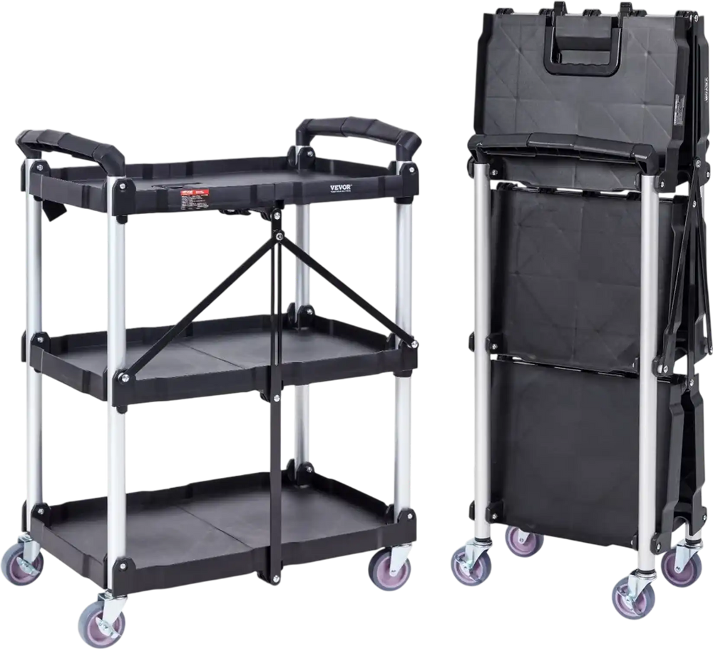 VEVOR Foldable Utility Service Cart, 3 Shelf 165LBS Heavy Duty Plastic Rolling Cart with Lockable Wheels, Ergonomic Handle, Portable Garage Tool Cart for Warehouse/Office/Home(25.62"x15.43"x32.76")