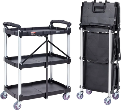 VEVOR Foldable Utility Service Cart, 3 Shelf 165LBS Heavy Duty Plastic Rolling Cart with Lockable Wheels, Ergonomic Handle, Portable Garage Tool Cart for Warehouse/Office/Home(25.62