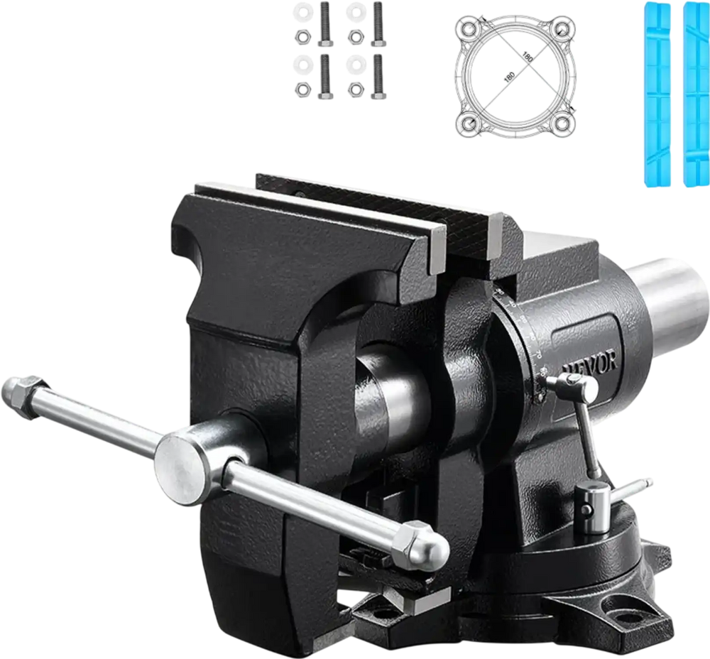 VEVOR Heavy Duty Bench Vise, 5.5" Jaw Width, Double Swivel Rotating Multi-Purpose Bench Vise, with 360° Locking Swivel Base and Head, 2.76" Throat Depth, 5" Max Jaw Opening, for Drilling Pipe Cutting