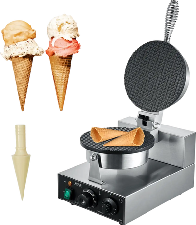 VEVOR Electric Ice Cream Cone Maker, Commercial 1230W Waffle Cone Machine, Non-Stick Stainless Steel Egg Roll Mold, with Temperature and Time Control, Handle, for Restaurant Bakery Snack Bar Family