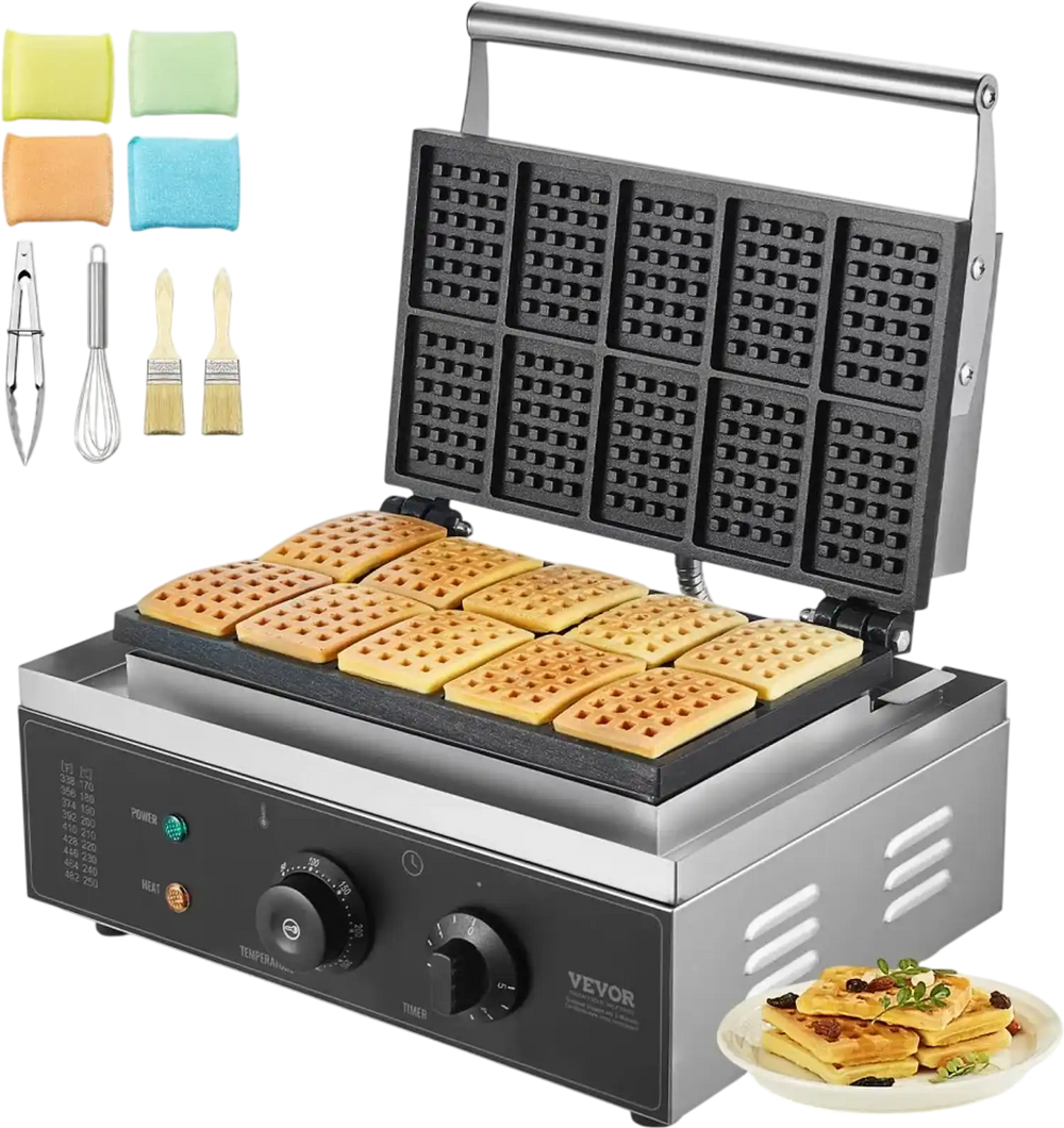 VEVOR Commercial Waffle Maker, 10PCS Rectangle Waffle Baker Machine, 1550W Non-Stick Stainless Steel Belgian Waffle Iron with Temp and Time Control, Handle, for Restaurant Bakery Snack Bar Family