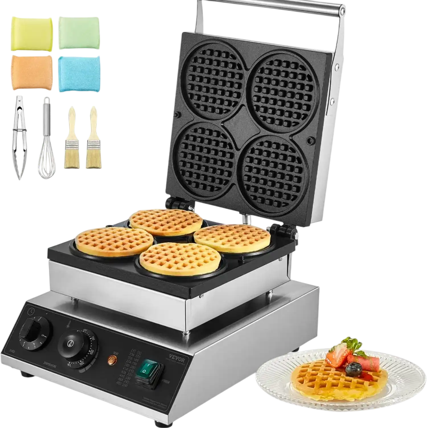 Vevor Waffle Maker Commercial Round 4-Piece 1750W Non-Stick Stainless Steel Belgian New