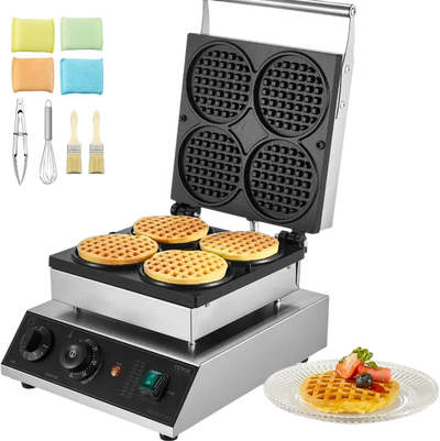 Vevor Waffle Maker Commercial Round 4-Piece 1750W Non-Stick Stainless Steel Belgian New