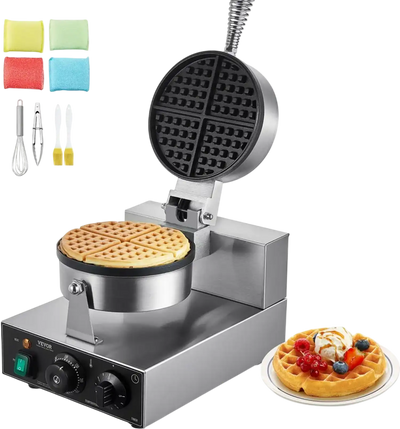 VEVOR Commercial Waffle Maker, 1230W Round Waffle Baker Machine, Non-Stick Stainless Steel Belgian Waffle Iron with Temperature and Time Control, Handle, for Restaurant Bakery Snack Bar Family