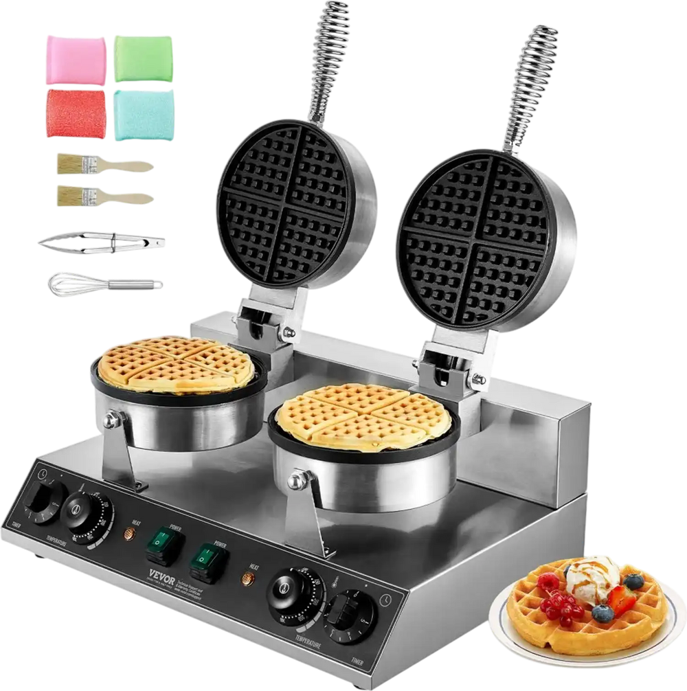 VEVOR Commercial Waffle Maker, Dual-Head Round Waffle Baker Machine, 2460W Non-Stick Stainless Steel Belgian Waffle Iron with Temp and Time Control, Handle, for Restaurant Bakery Snack Bar Family