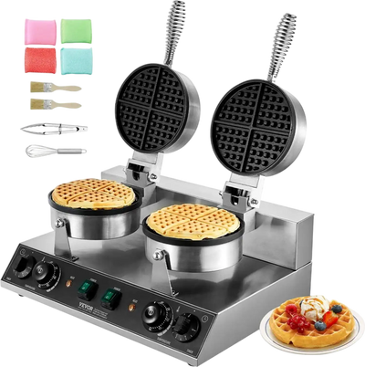 VEVOR Commercial Waffle Maker, Dual-Head Round Waffle Baker Machine, 2460W Non-Stick Stainless Steel Belgian Waffle Iron with Temp and Time Control, Handle, for Restaurant Bakery Snack Bar Family