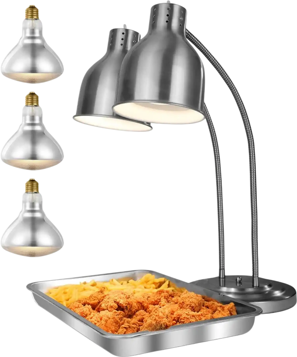 VEVOR Food Heat Lamp, 500W Electric Commercial Food Warmer Light, 2-Head Stainless Steel French Fry Heating Lamp with 3 Bulbs, Catering Food Warming Equipment for Kitchen, Buffet, Restaurant, Silver