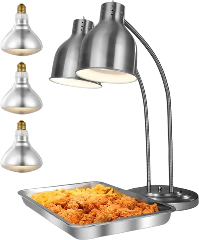 VEVOR Food Heat Lamp, 500W Electric Commercial Food Warmer Light, 2-Head Stainless Steel French Fry Heating Lamp with 3 Bulbs, Catering Food Warming Equipment for Kitchen, Buffet, Restaurant, Silver