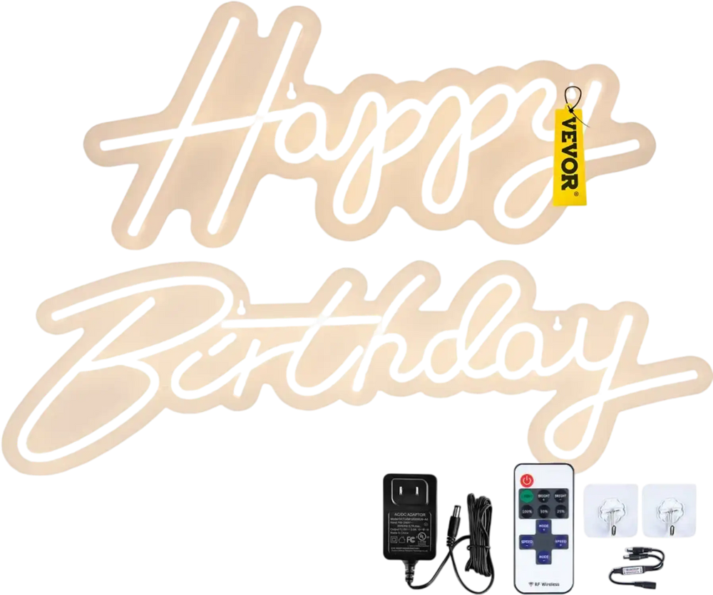 VEVOR Happy Birthday Neon Sign, 16.5" x 8" + 23" x 8" LED Neon Lights Signs, Adjustable Brightness with Remote Control and Power Adapter, Reusable for Party, Club, Celebration and Decoration Warm