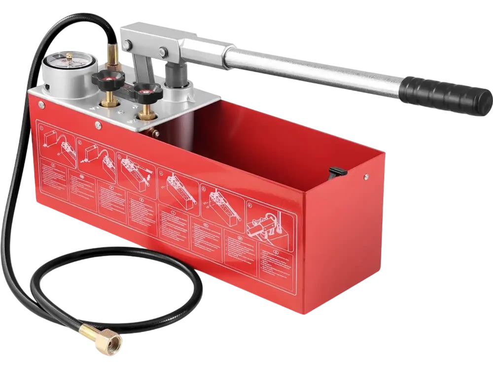 VEVOR Hydrostatic Test Pump, Max 25 bar/362 PSI, Dual Valve Hydraulic Manual Water Pressure Tester Kit with Gauge 2.8 Gal Water Tank, 4.6 ft Hose with 1/2 inch External Thread Connector for Pipeline