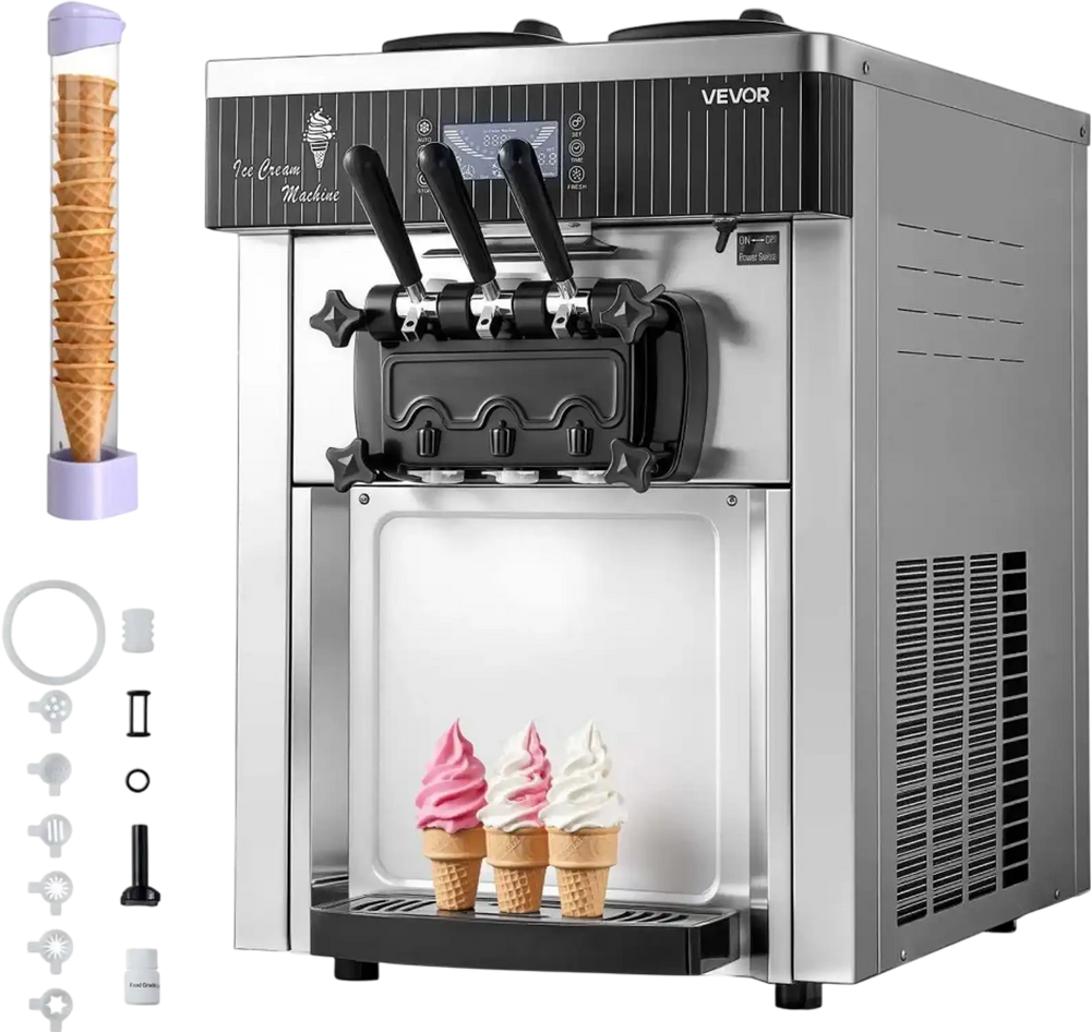 VEVOR Commercial Ice Cream Machine, 20-28L/H Yield, 2200W 3-Flavor Countertop Soft Serve Ice Cream Maker with 2 x 6L Hoppers & Hopper Agitation, Pre-Cooling Self-Cleaning for Snack Dessert Shops