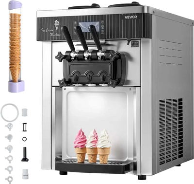 VEVOR Commercial Ice Cream Machine, 20-28L/H Yield, 2200W 3-Flavor Countertop Soft Serve Ice Cream Maker with 2 x 6L Hoppers & Hopper Agitation, Pre-Cooling Self-Cleaning for Snack Dessert Shops