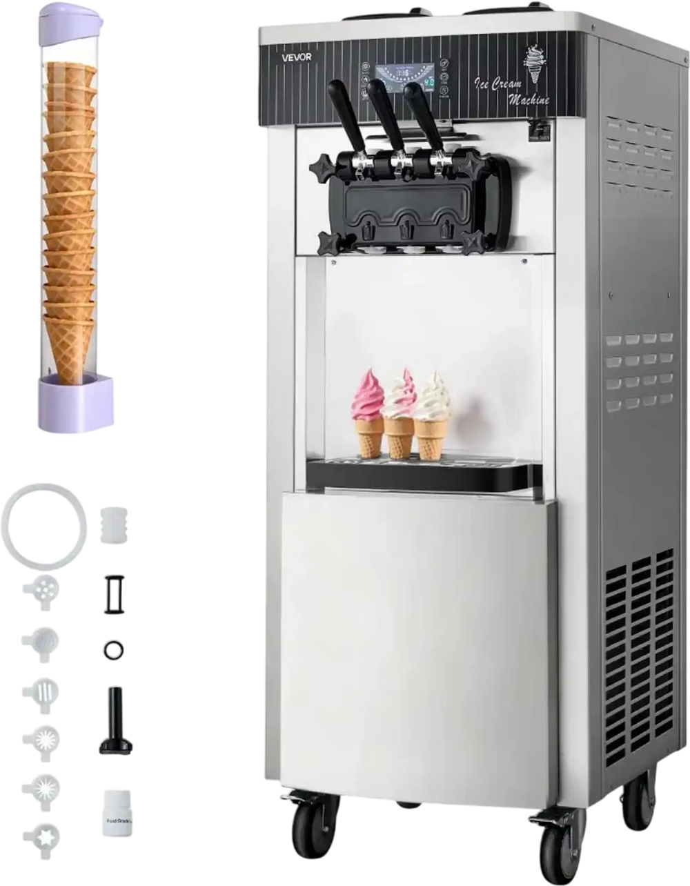 VEVOR Commercial Ice Cream Machine, 20-28L/H Yield, 2200W 3-Flavor Freestanding Soft Serve Ice Cream Maker with 2 x 6L Hoppers & Hopper Agitation, Pre-Cooling Self-Cleaning for Snack Dessert Shops