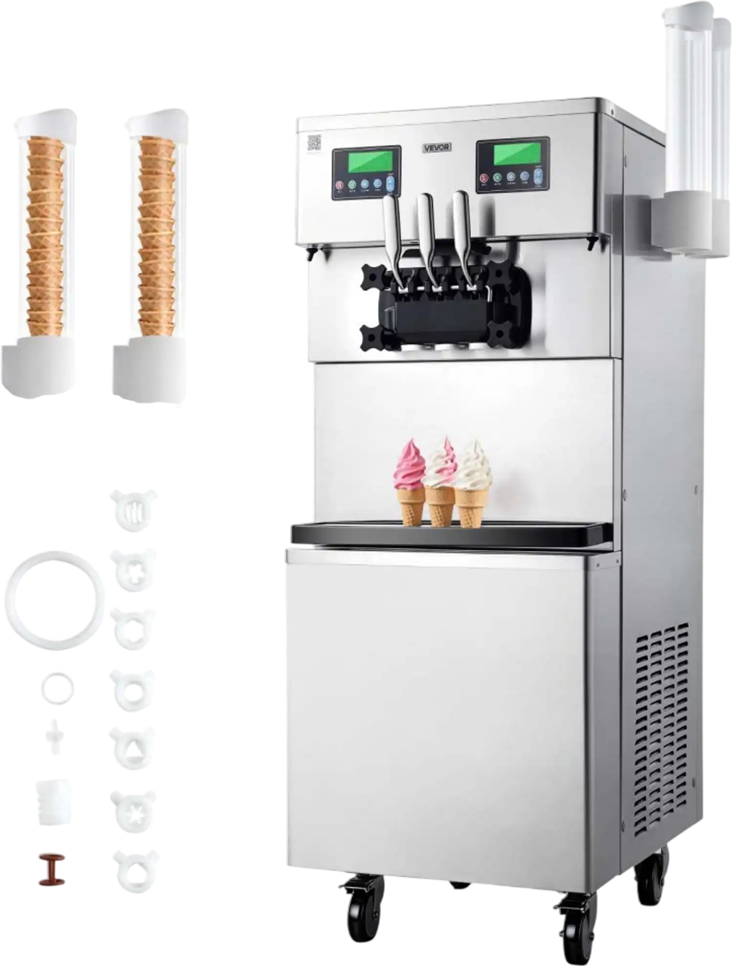 Vevor Commercial Ice Cream Machine Dual-Compressor Freestanding Soft Serve Maker 34-44 L/H 3 Flavors New
