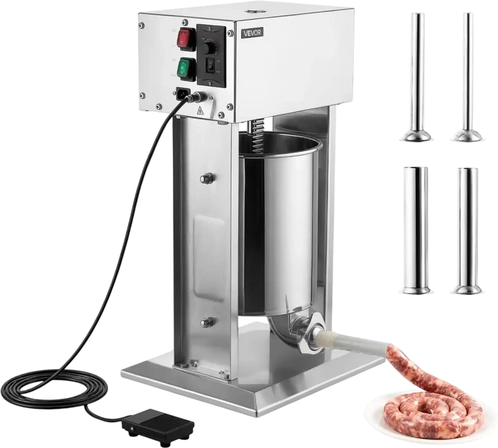 VEVOR Electric Sausage Stuffer 22 lbs Vertical Meat Maker Stainless Steel, for Commercial Use, Stepless Speed Control Meat Stuffer, Sausage Filler Kit, 4 Filling Tubes & Foot Pedal, ETL Approved