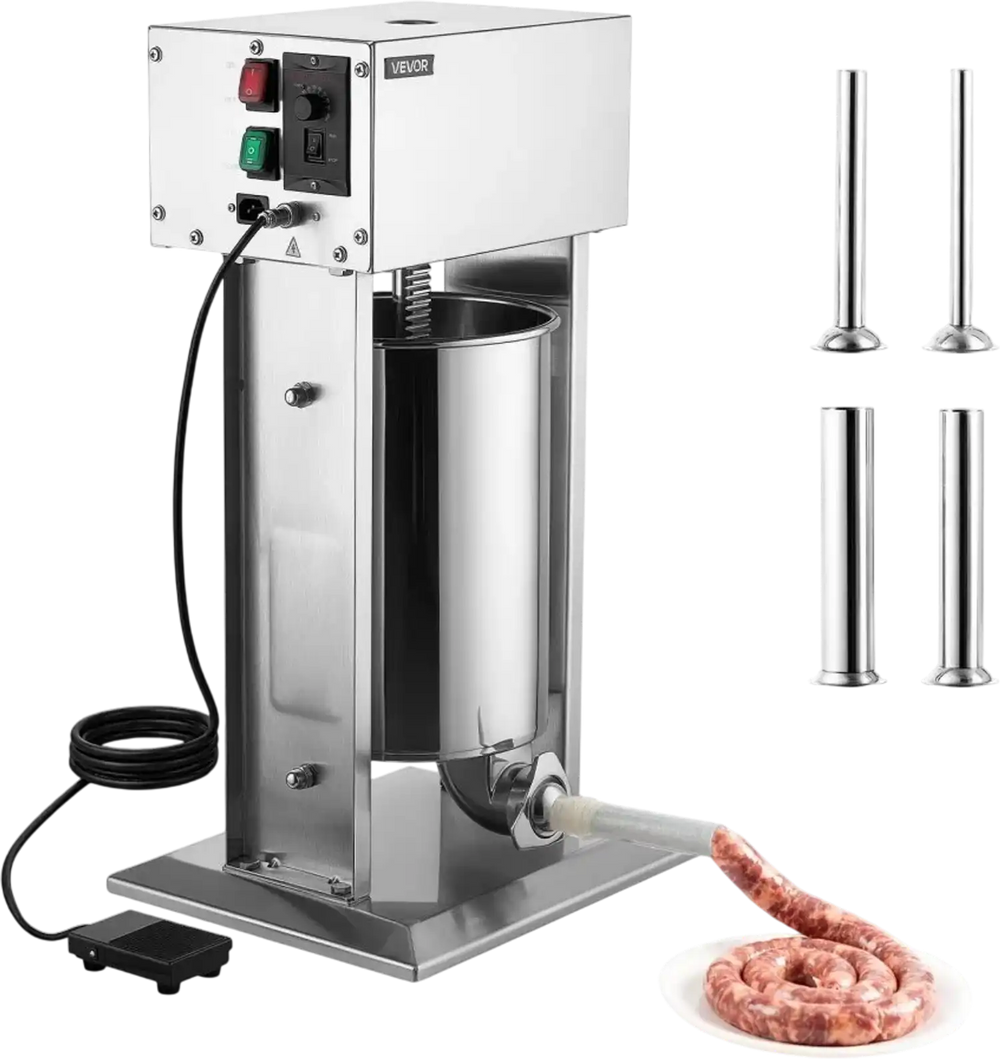 VEVOR Electric Sausage Stuffer 25 lbs Vertical Meat Maker Stainless Steel, for Commercial Use, Stepless Speed Control Meat Stuffer, Sausage Filler Kit, 4 Filling Tubes & Foot Pedal, ETL Approved