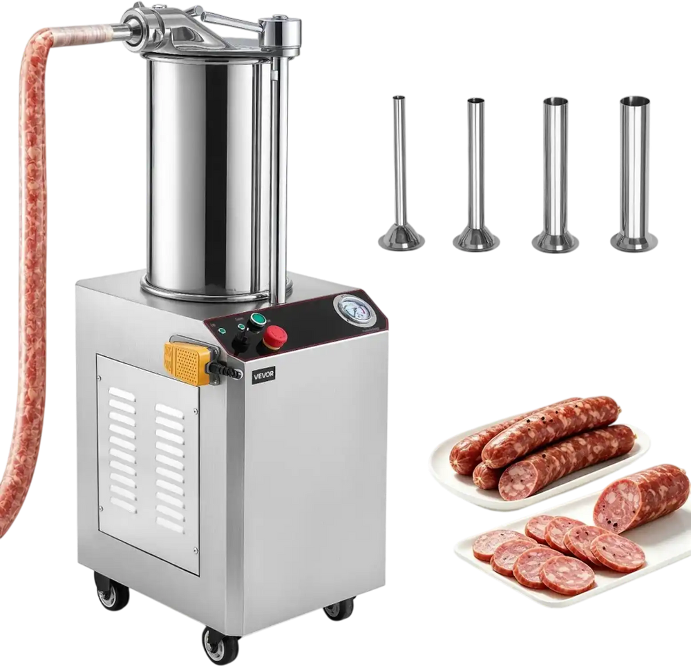 VEVOR Hydraulic Automatic Sausage Stuffer 26L Fixed Tank Meat Maker, for Commercial Use, 18L Mixing Meat Capacity, 750W Vertical Meat Stuffer, Stainless Steel Filler Kit, 4 Filling Tubes